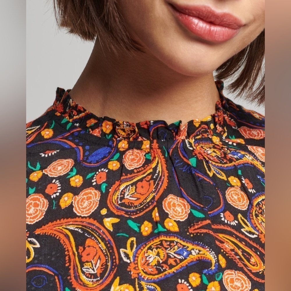 Superdry Multicolor Paisley High Neck Long Sleeve Cottagecore Boho Mini Dress - Picture 9 of 15